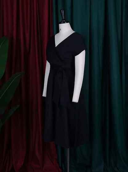 xakxx Bowknot Lace-Up Solid Color V-Neck Midi Dresses