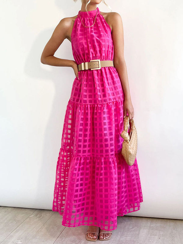 xakxx Loose Sleeveless Plaid Ribbed Stand Collar Maxi Dresses
