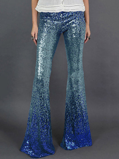 xakxx Flared Pants Skinny Leg Contrast Color Gradient Sequined Shiny Pants Bottoms