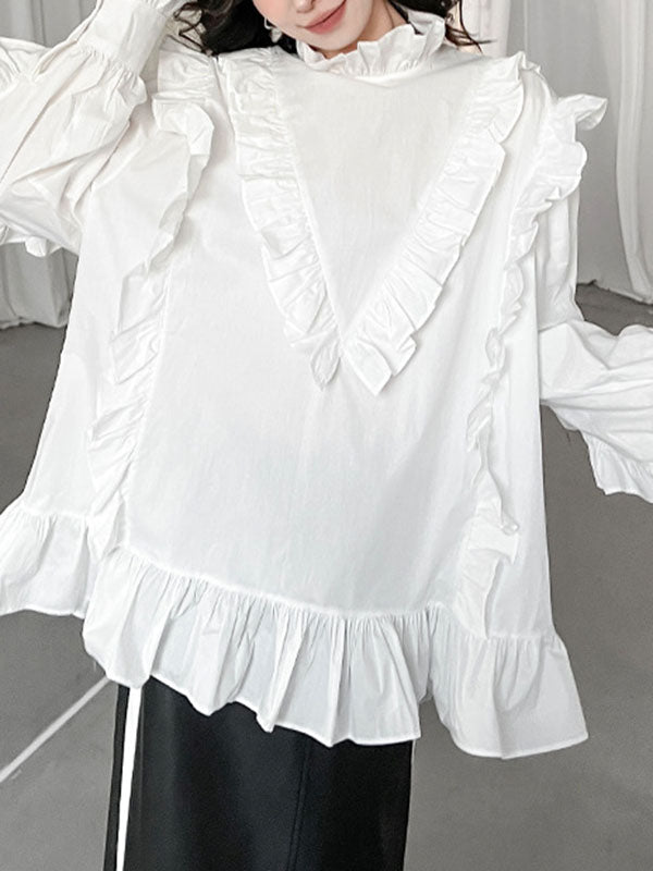xakxx Long Sleeves Loose Buttoned Ruffled Solid Color Stand Collar Blouses&Shirts Tops