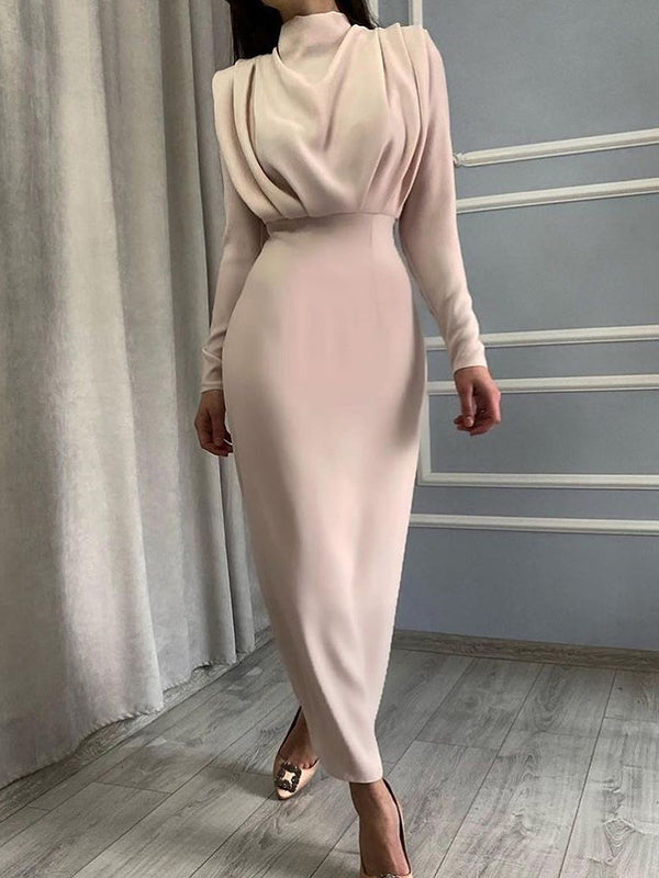 xakxx High Waisted Long Sleeves Pleated Solid Color Mock Neck Midi Dresses