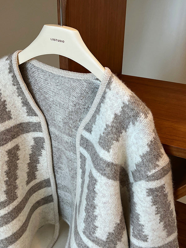 xakxx Long Sleeves Loose Contrast Color Printed Collarless Cardigan Tops