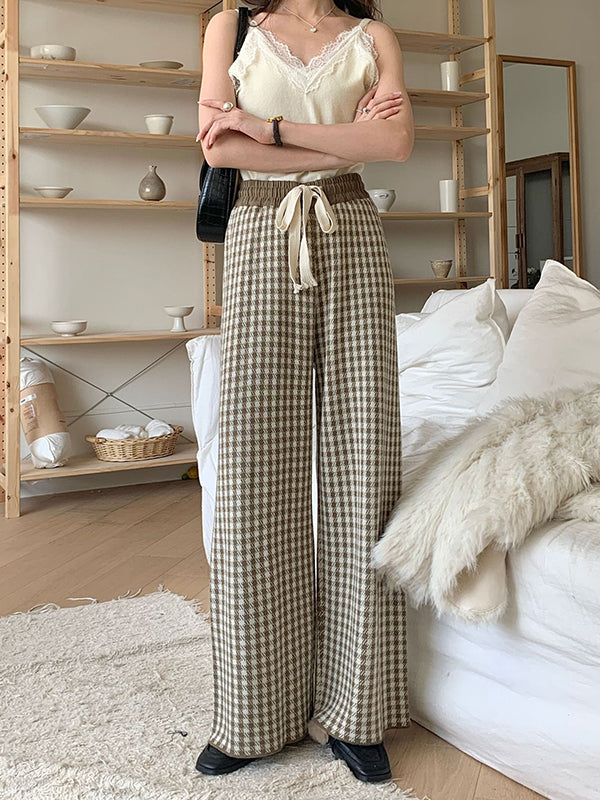 xakxx High Waisted Loose Drawstring Elasticity Plaid Pants Trousers