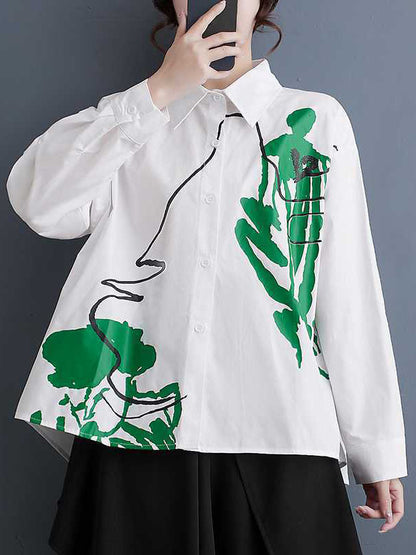 xakxx High-Low Long Sleeves Buttoned Printed Lapel Blouses&Shirts Tops