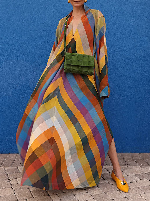 xakxx Long Sleeves Loose Contrast Color Split-Side V-Neck Maxi Dresses