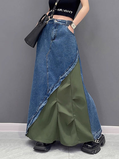 xakxx A-Line Loose Asymmetric Contrast Color Elasticity Split-Joint Denim Skirts Bottoms