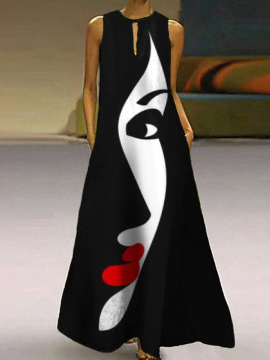 xakxx Original Loose V-Neck Face Printed Black Maxi Dress