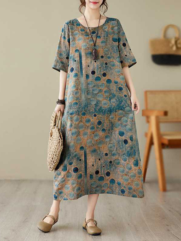 xakxx Half Sleeves Loose Contrast Color Polka-Dot Printed Round-Neck Midi Dresses