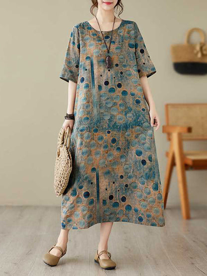 xakxx Half Sleeves Loose Contrast Color Polka-Dot Printed Round-Neck Midi Dresses