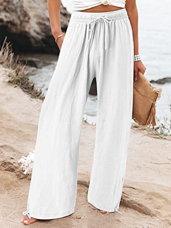 xakxx Loose Wide Leg Drawstring Elasticity Solid Color Pants Trousers