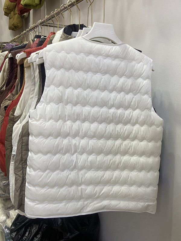 xakxx Loose Sleeveless Buttoned Quilted Solid Color Round-Neck Padded Vest