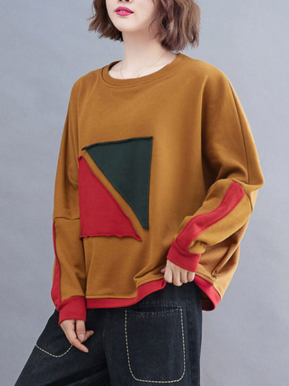 xakxx Artistic Retro Loose Triangle Applique Contrast Color Round-Neck Long Raglan Sleeves Sweatshirt