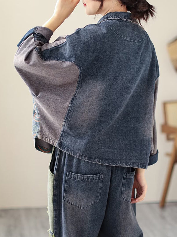 xakxx Contrast Color Fringed Split-Joint Long Sleeves Printed Outwear + Harem Pants  Two Pieces Set
