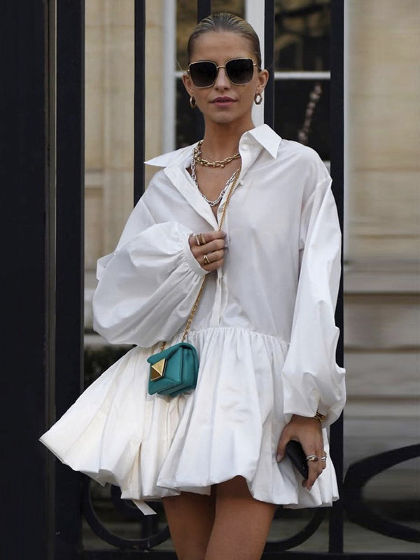 xakxx Urban Puff Sleeves Buttoned Split-Joint Solid Color Lapel Mini Dresses Shirt Dress