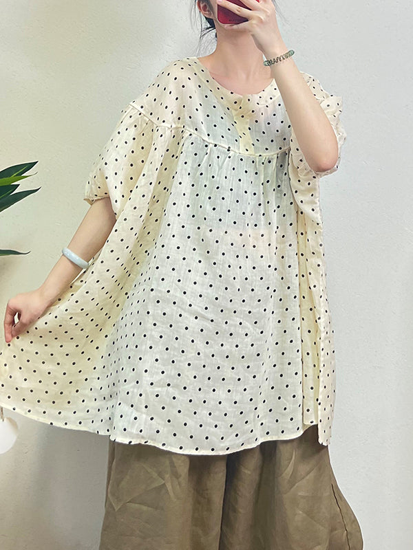 xakxx Loose Half Sleeves Polka-Dot Split-Joint Round-Neck Blouses&Shirts Tops