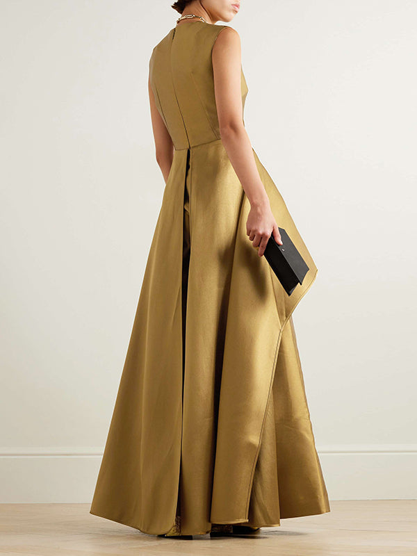xakxx Sleeveless Wrap Falbala Layered Solid Color Zipper Round-Neck Jumpsuits