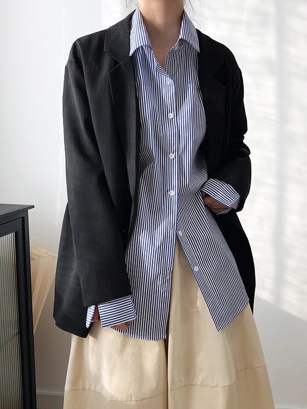 xakxx Urban Loose Striped Lapel Collar Blouses&Shirts Tops