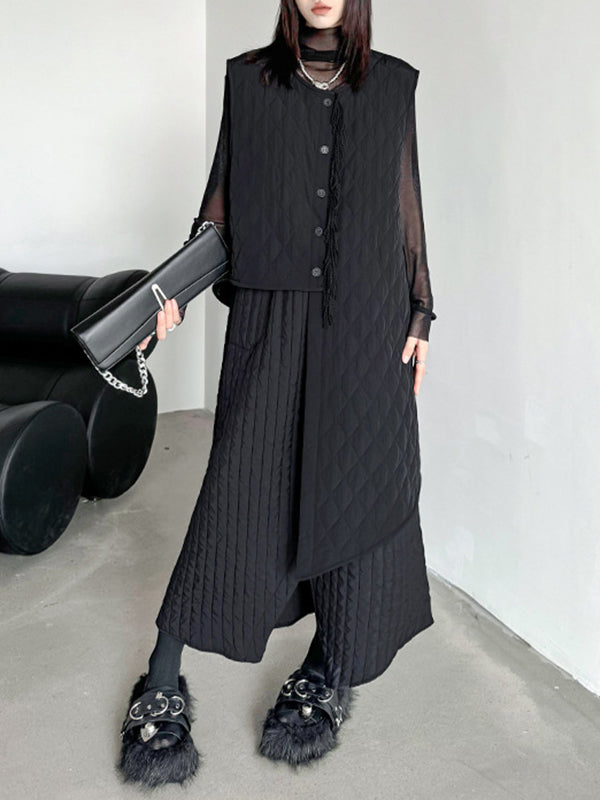 xakxx Loose Sleeveless Asymmetric Buttoned Quilted Solid Color Tasseled U-neck Padded Vest