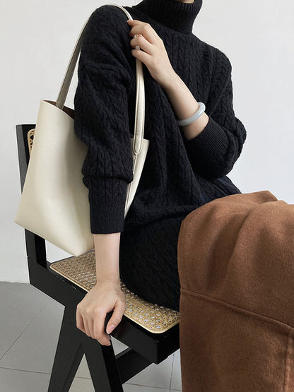 xakxx Stylish Loose Long Sleeves Solid Color High-Neck Twist Sweater Dresses