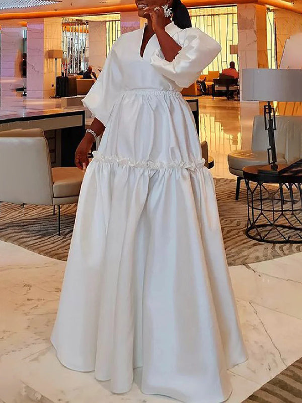 xakxx High Waisted Puff Sleeves Falbala Solid Color V-Neck Maxi Dresses