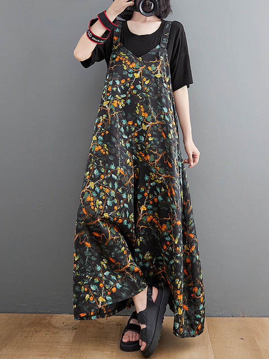 xakxx Loose Artistic Retro Ramie Cotton Floral Printed V-Neck Overalls