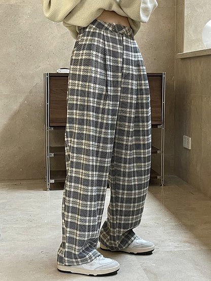 xakxx Vintage Wide Leg High-Waisted Pleated Plaid Pants