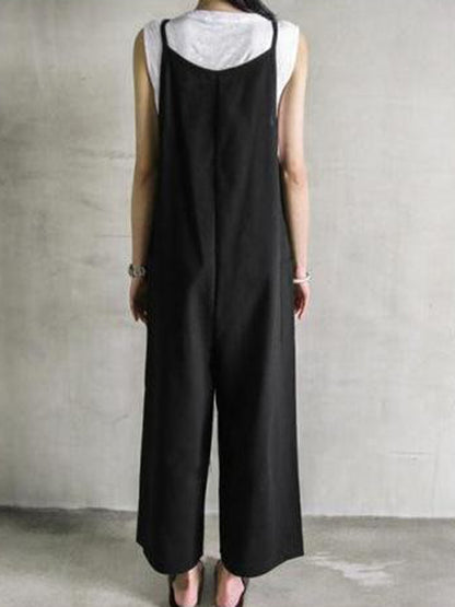 xakxx Black&Khaki Casual Spaghetti-Neck Loose Wide-Leg Overalls