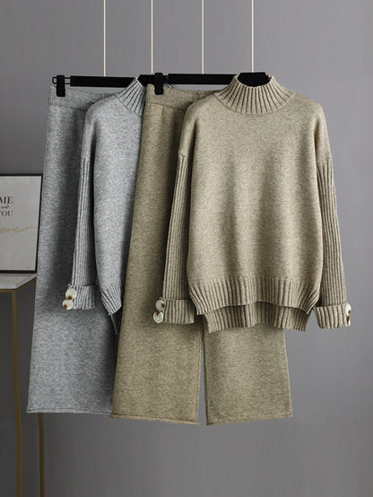 xakxx Urban Long Sleeves Solid Color Half Turtleneck Sweater Tops & Wide Leg Pants Two Pieces Set