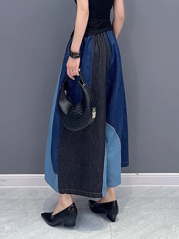 xakxx Loose Wide Leg Contrast Color Elasticity Split-Joint Jean Pants Bottoms