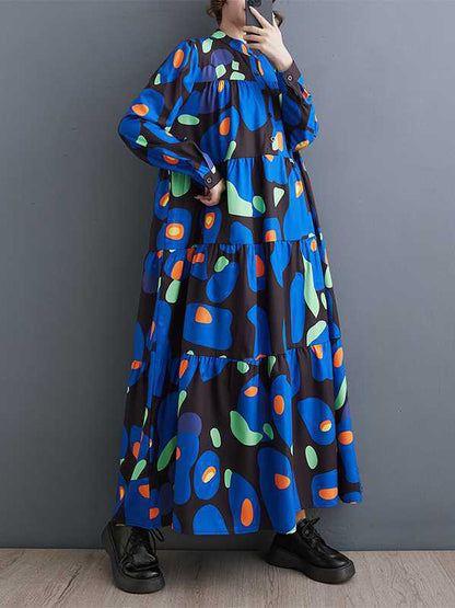 xakxx A-Line Long Sleeves Buttoned Pleated Printed Split-Joint Round-Neck Midi Dresses