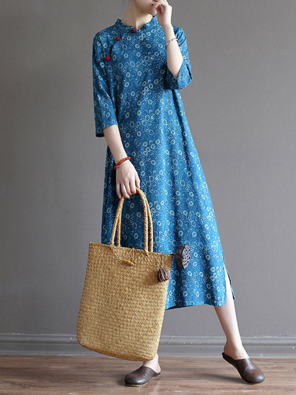 xakxx Original Solid Floral Stand Collar Midi Dress