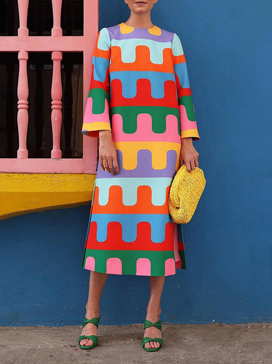 xakxx Long Sleeves Loose Printed Split-Side Round-Neck Midi Dresses