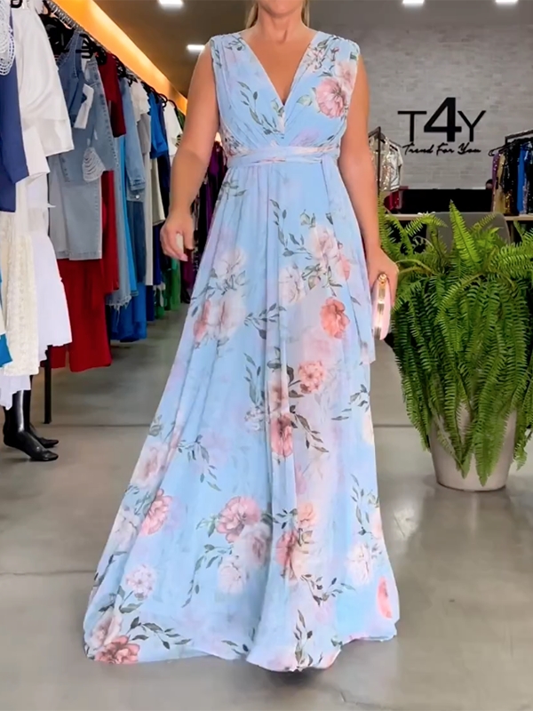 xakxx Stylish Floral Printed V-Back Elegant Maxi Dresses