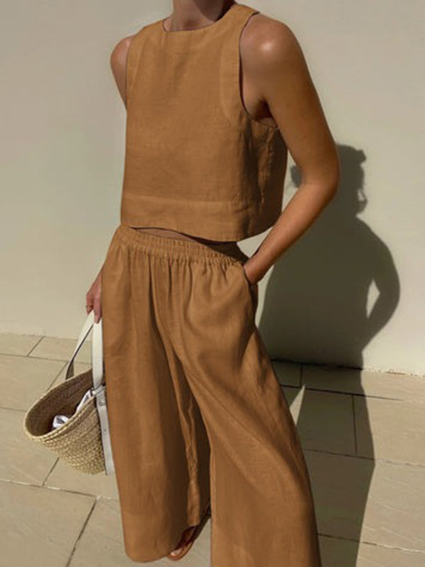 xakxx Solid Color Round-Neck Sleeveless Vest + Elasticity Wide Leg Pants Two Pieces Set