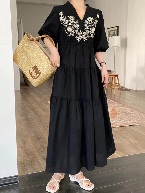 xakxx Bishop Sleeve Loose Embroidered Pleated V-Neck Midi Dresses