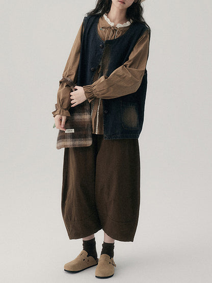 xakxx Harem Pants High Waisted Elasticity Solid Color Split-Joint Ninth Pants Trousers