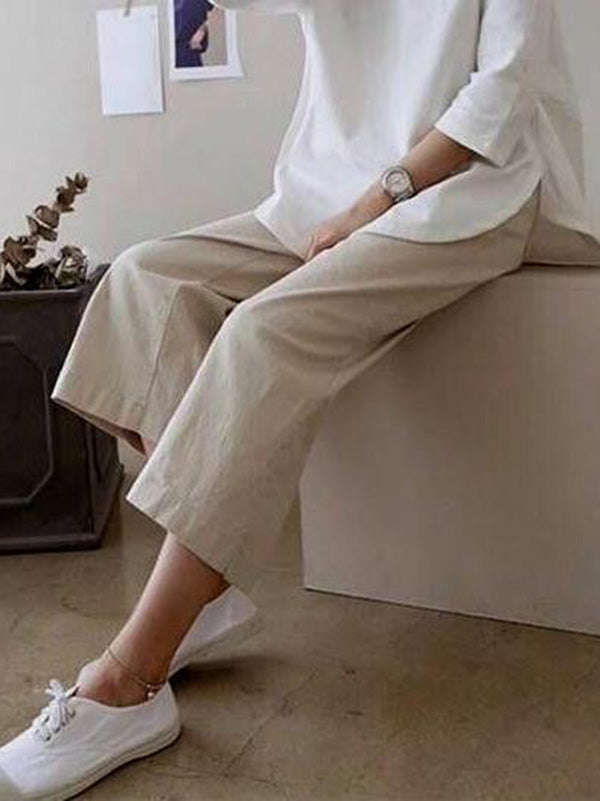 xakxx 5 Colors Line Loose Casual Plus Size Wide-Leg Pants