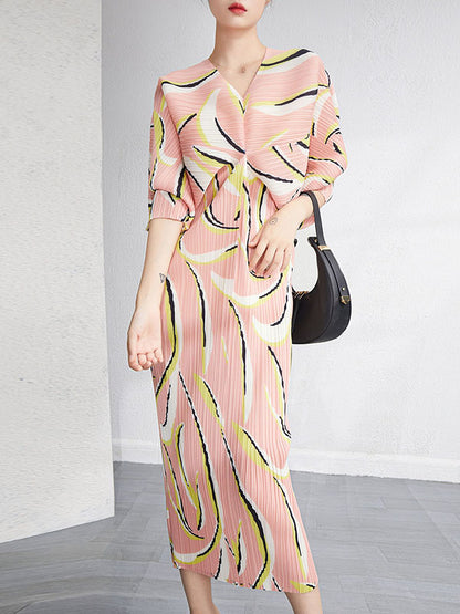 xakxx Urban Loose Batwing Sleeves Printed Pleated V-Neck Midi Dresses