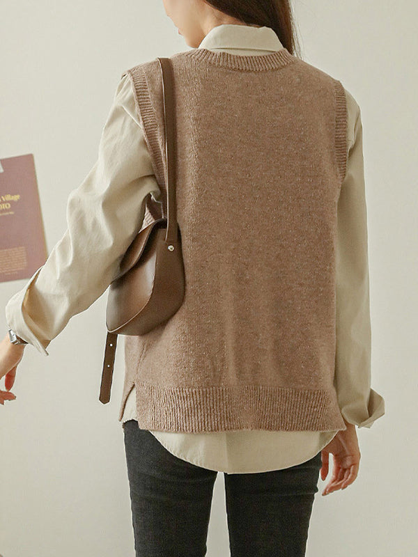 xakxx Casual Loose Sleeveless Solid Color V-Neck Sweater Vest Outerwear