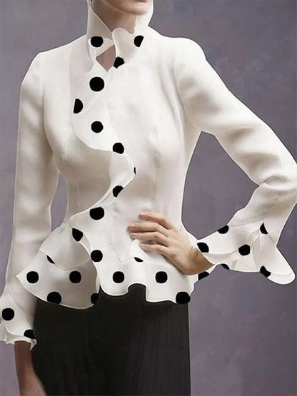 xakxx Long Sleeves Falbala Polka-Dot Stand Collar Blouses&shirts Tops