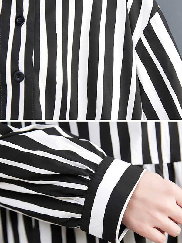 xakxx Long Sleeves Loose Buttoned Split-Joint Striped Mock Neck Midi Dresses