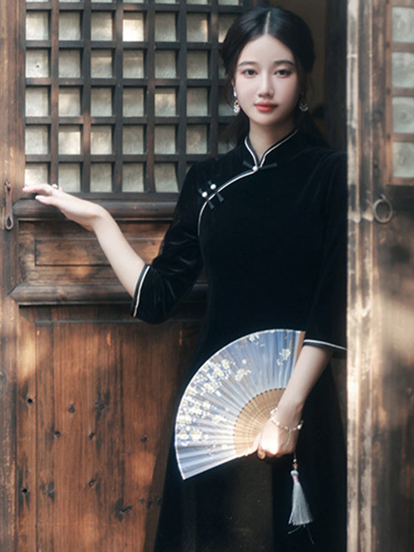 xakxx Vintage Beaded False Two Half Sleeves Long Cheongsams