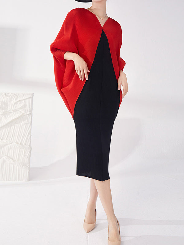xakxx Batwing Sleeves Loose Contrast Color Pleated Round-Neck Midi Dresses