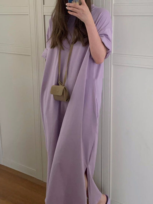 xakxx Casual Loose Short Sleeves Split-Side Solid Color Round-Neck Midi Dresses