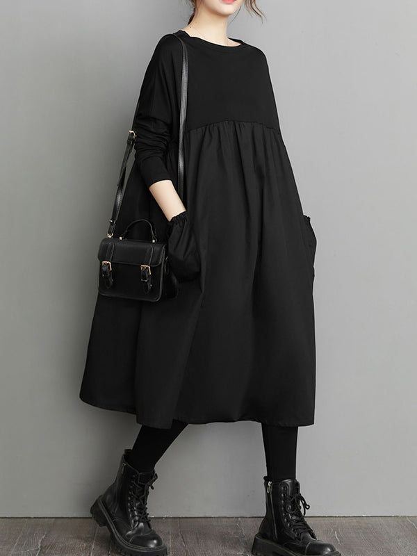 xakxx Simple Loose Black Split-Joint Long Sleeves Midi Dress