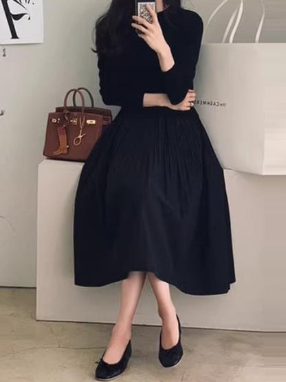 xakxx A-Line Long Sleeves Pleated Split-Joint Round-Neck Midi Dresses
