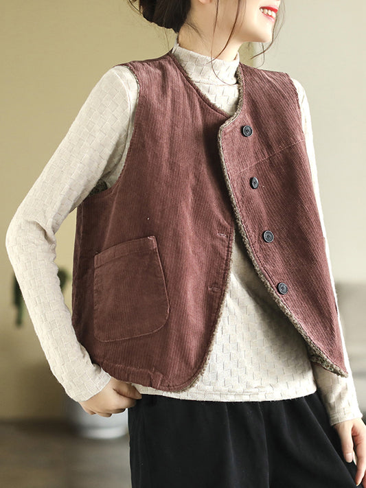 xakxx Vintage Sleeveless Loose Buttoned Split-Joint Solid Color Round-Neck Vest Outerwear