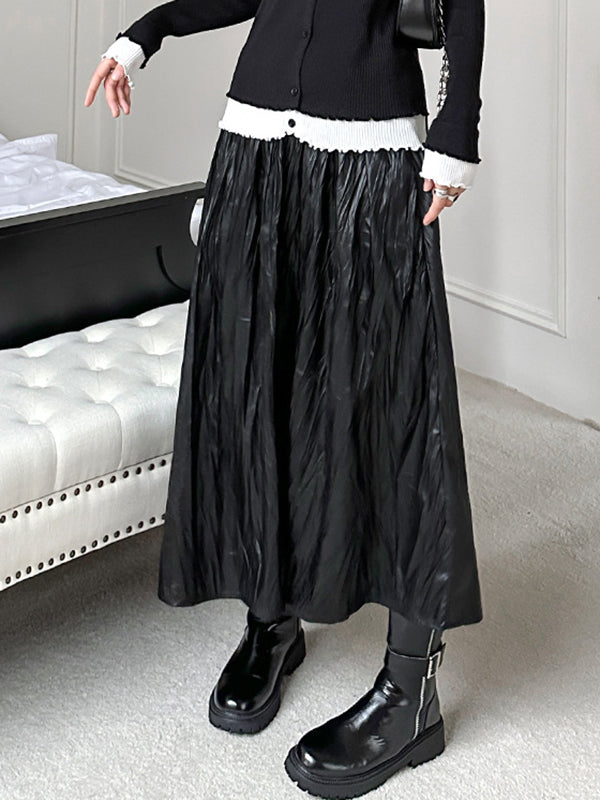 xakxx A-Line High Waisted Elasticity Pleated Solid Color Skirts Bottoms
