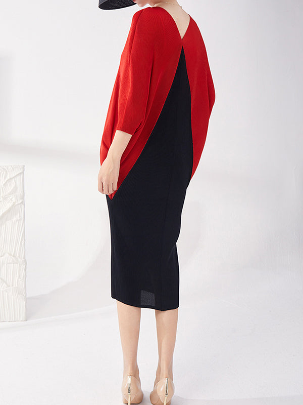 xakxx Batwing Sleeves Loose Contrast Color Pleated Round-Neck Midi Dresses