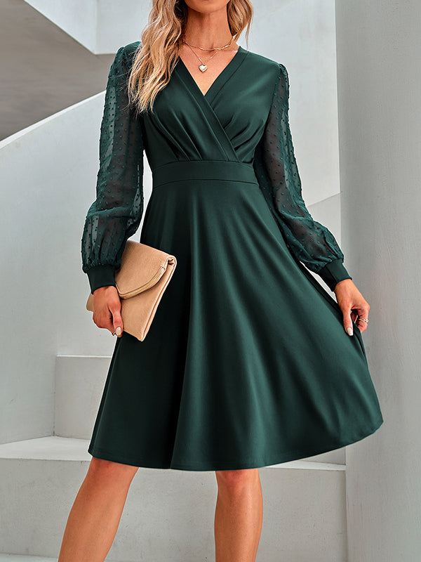 xakxx A-Line Long Sleeves Gauze Pleated Split-Joint V-Neck Midi Dresses